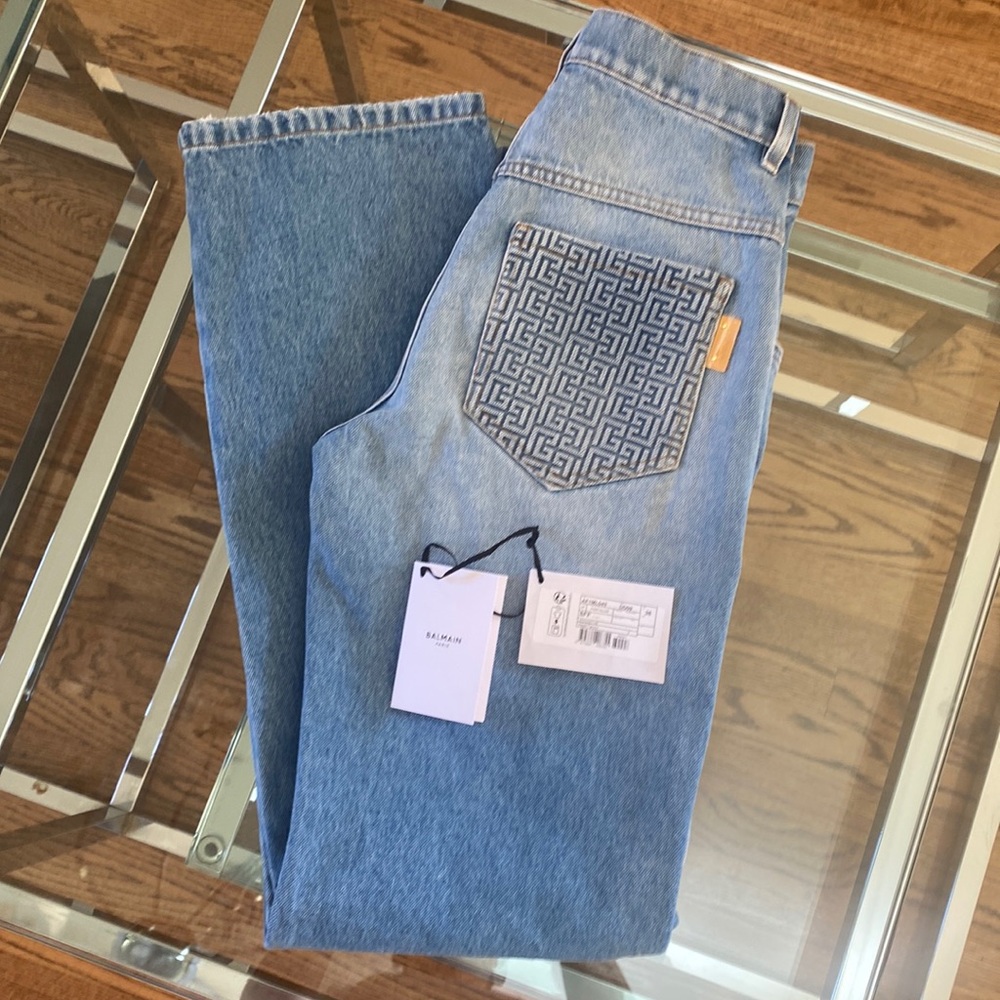 Balmain monogram detail wide leg jean.